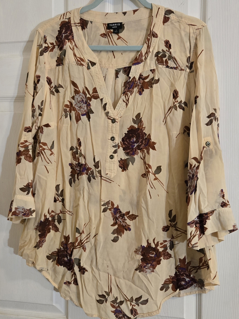 torrid cream tunic with brown & purple floral print